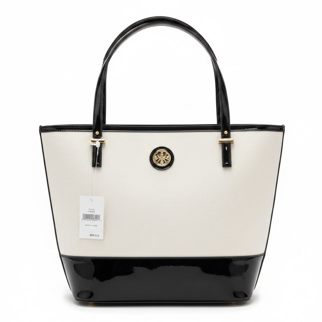 Anne Klein Perfect Pairs Large Tote Bag White Canvas Black Patent Shoulder Purse