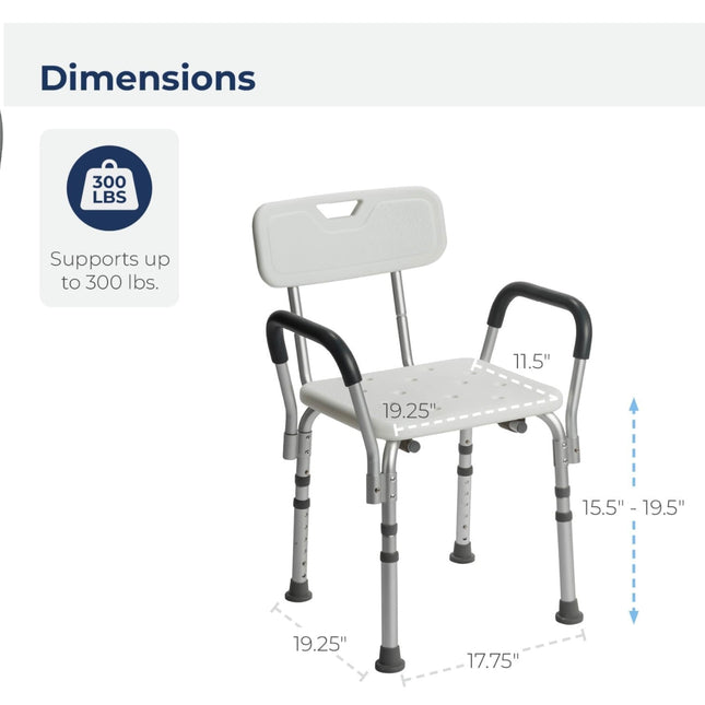 Drive Medical 12445KD-1 Shower Chair with Back and Padded Arms, Adjustable Height, 350 LB Capacity, White - New Open Box