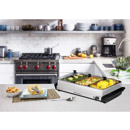 Elite Gourmet EWM-6171 Triple Buffet Server with 7.5 Qt Stainless Steel Trays, New Open Box