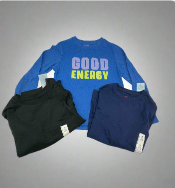 Boys’ 3-Pack “Good Energy” Blue, Black, and Navy Long-Sleeve Tops Size M (8) - New