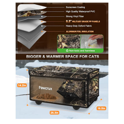 Heated Cat House for Outside with Dual Doors, Insulated Cat House Outdoor with Heating Pad, Weatherproof Heated Outdoor Cats Houses Weatherproof for Feral Cats (Leaf, 25.5" L x 16" W x 14" H)
