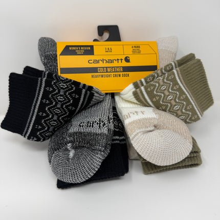 Carhartt Women's Cold Weather Heavyweight Crew Sock Seasonal Striped Crew Socks, Wool Blend 4-Pairs Size 7-9.5
