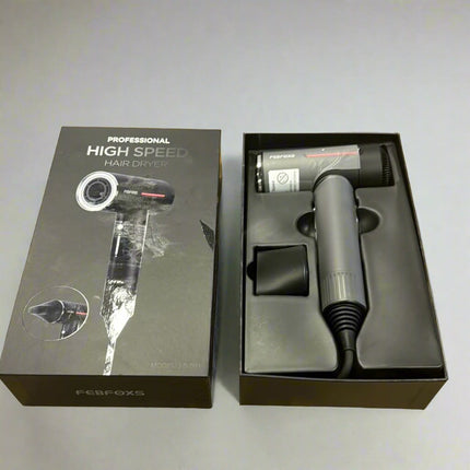 FEBFOX5 Professional High Speed Hair Dryer in black packaging, available at a discount as an open box item.”