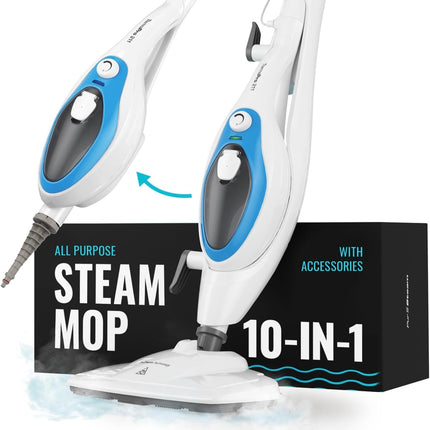 PurSteam 10-in-1 Steam Mop with detachable handheld steam cleaner, versatile cleaning for tile, hardwood, and more.”