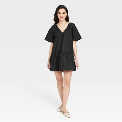 A New Day Black V-Neck Tiered Mini Dress - New S