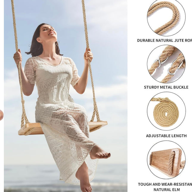 Hanging Wooden Swing Seat 24”x 8”x 1.2”, Classic Hemp Rope, 500lbs Load Capacity, Indoor and Outdoor - New Open Box