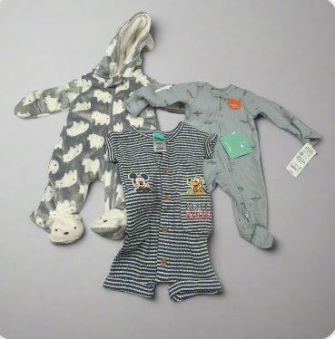 Baby 3-Pack Gray Bear Hooded Suit, Blue Dinosaur Footie Pajamas, and Mickey Mouse Striped Romper Size NB (0 Months) - New