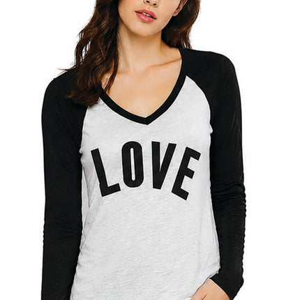Reflex Women's Slub Fabric Raglan Pullover Long Sleeve V - Neck Tee With Love Print