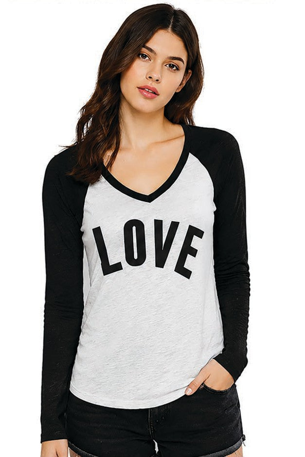 Reflex Women's Slub Fabric Raglan Pullover Long Sleeve V - Neck Tee With Love Print