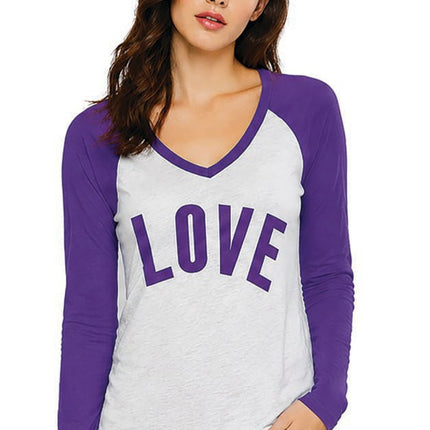 Reflex Women's Slub Fabric Raglan Pullover Long Sleeve V - Neck Tee With Love Print