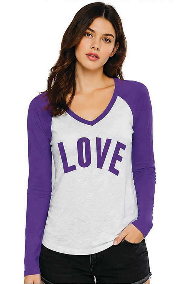 Reflex Women's Slub Fabric Raglan Pullover Long Sleeve V - Neck Tee With Love Print