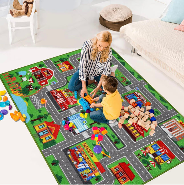 Colorful Children’s Play Rug with Road and City Design - 118x78.7 Inches, Green - Minor Damages