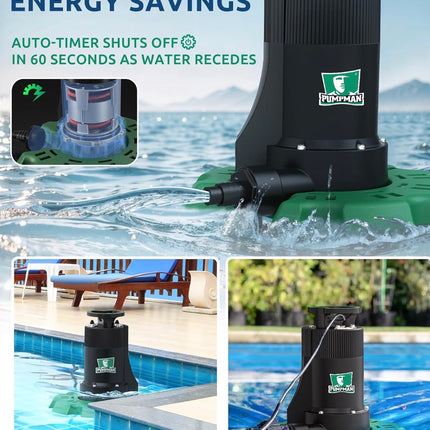 PUMPMAN Automatic Submersible Pool Cover Pump 110 V 1/4 HP 2800 GPH with 2/5” W 10Ft Power Cord