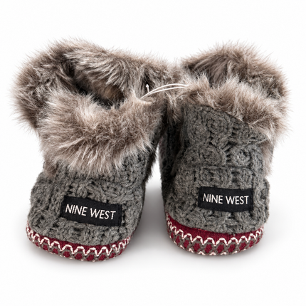 Nine West Women’s Cable Knit Slipper Boots with Faux Fur Trim – Gray