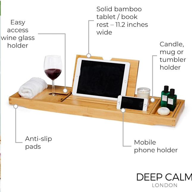 Deep Calm Bamboo Bathtub Tray Caddy, Expandable Bath Table with Holders for Accessories - New Open Box