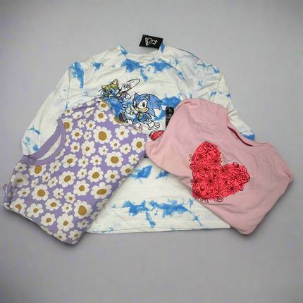 Girls’ 3-Pack Blue Tie-Dye, Pink Heart, and Daisy Print Tops Size XL (14) - New