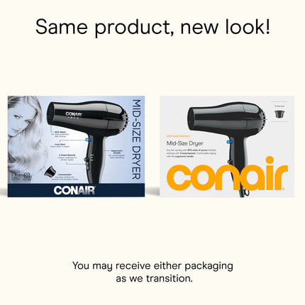 Conair Mid-Size Hair Dryer, 1875 Watts, Concentrator Attachment, Lightweight Design