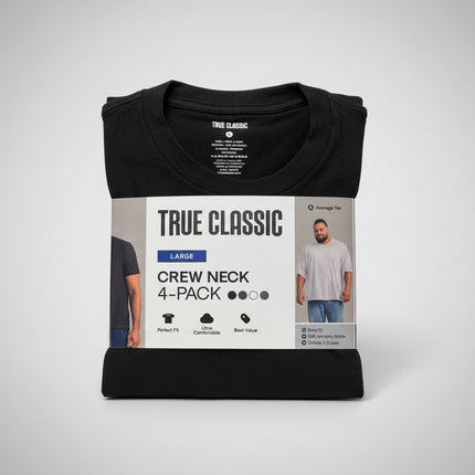 True Classic Crew Neck Shirts - 4 Pack  Black/Navy/White/Grey - Size Large