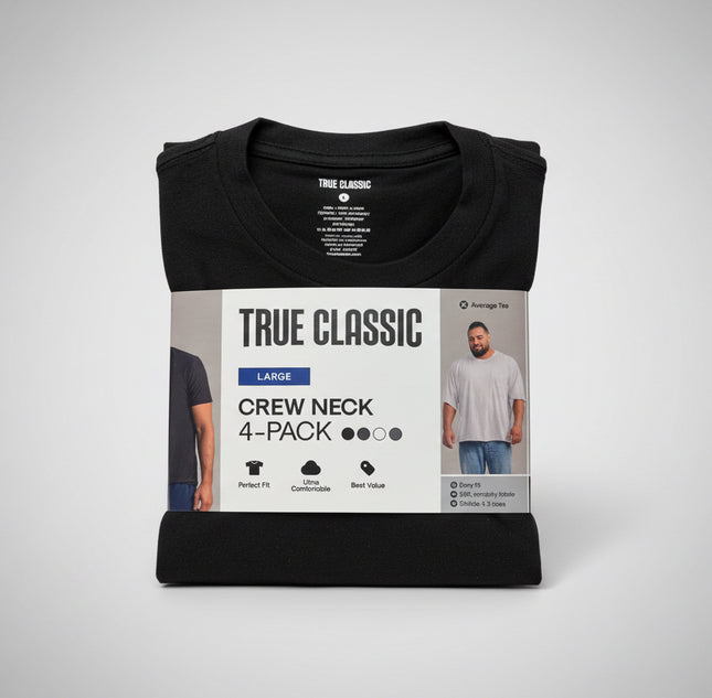 True Classic Crew Neck Shirts - 4 Pack  Black/Navy/White/Grey - Size Large