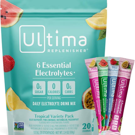 Ultima Replenisher Daily Electrolyte Powder – Tropical Variety Pack, 20 Stickpacks – EXP. 11/2027