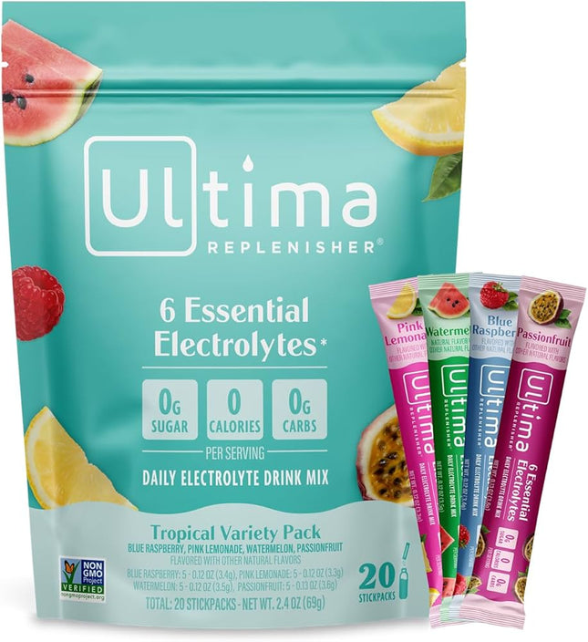 Ultima Replenisher Daily Electrolyte Powder – Tropical Variety Pack, 20 Stickpacks – EXP. 11/2027