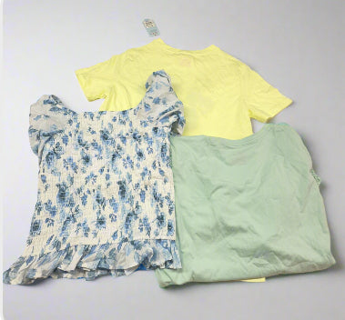 Girls’ 3-Pack Yellow Graphic Tee, Green Lace Sleeve Top, and Blue Floral Smocked Blouse Size XL (14) - New