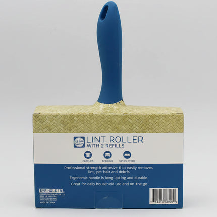 Lint roller with blue handle and packaging on a gray background
