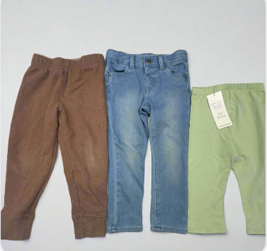 3-pack toddler pants, size 3T in brown, denim, and green