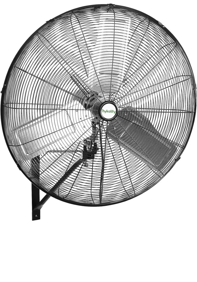 “30-inch high velocity industrial wall fan, three-speed settings, oscillating feature, heavy-duty construction”
