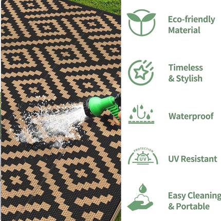 GENIMO Outdoor Rugs 8x10 Waterproof, Reversible Mats, Area Plastic Straw Rug, Outside Carpet, Geometric RV Mat for Patio Camping, RV, Picnic, Backyard, Deck, Balcony, Porch, Beach (Black & Brown) - Open Box New