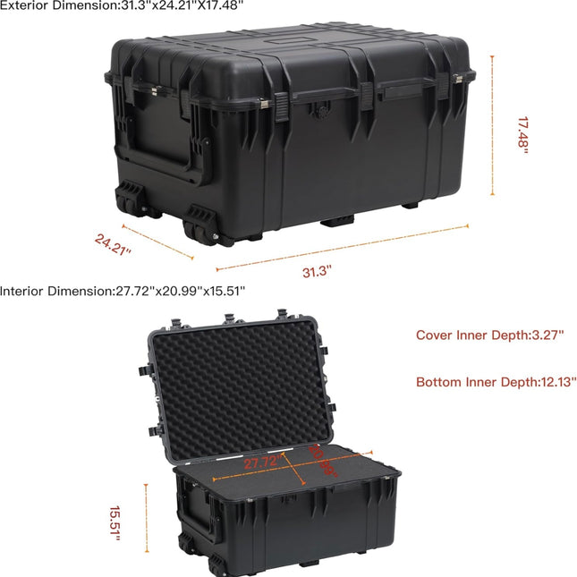 MEIJIA Portable Waterproof Protective Case - Hard Camera Case with Retractable Handle & Rolling Wheels, Customizable Foam Insert, 31.3” X 24.21” X 17.48”, Damaged