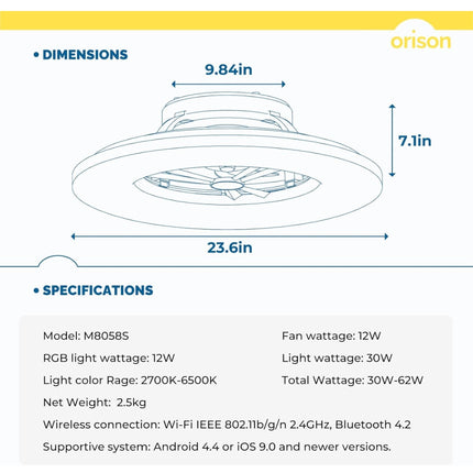 Orison RGB Ceiling Fan with Light, 24” Low Profile, Smart Ceiling Fan, Alexa & Google Home Compatible - Open Box New