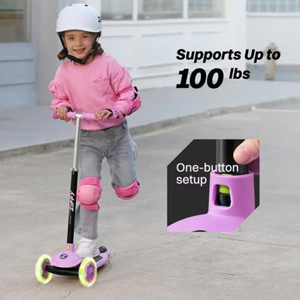 Ziffy 3 Wheel Scooter for Kids 3-5, Toddler Kick Scooter with LED Light-Up Wheels, 5 Adjustable Height, Lean-to-Steer Design (Support up to 110 lbs)