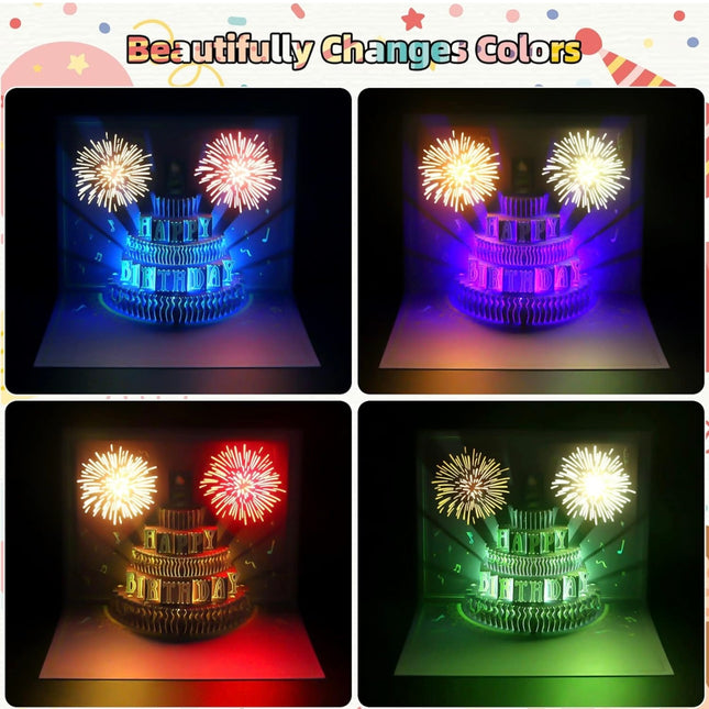 XTF2015 Happy Birthday Card, Lights & Music 3D Pop Up Fireworks Cake Card - New Open Box