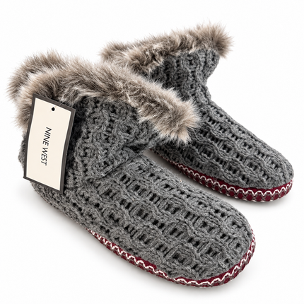 Nine West Women’s Cable Knit Slipper Boots with Faux Fur Trim – Gray