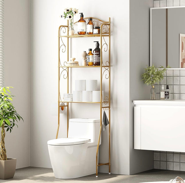 HOME BI 3-Tier Over-The-Toilet Storage Rack - Space-Saving Bathroom Organizer, Gold, Open Box