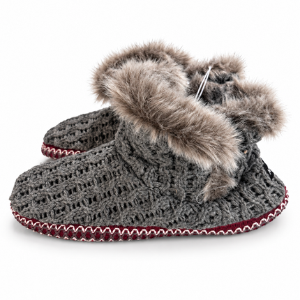 Nine West Women’s Cable Knit Slipper Boots with Faux Fur Trim – Gray