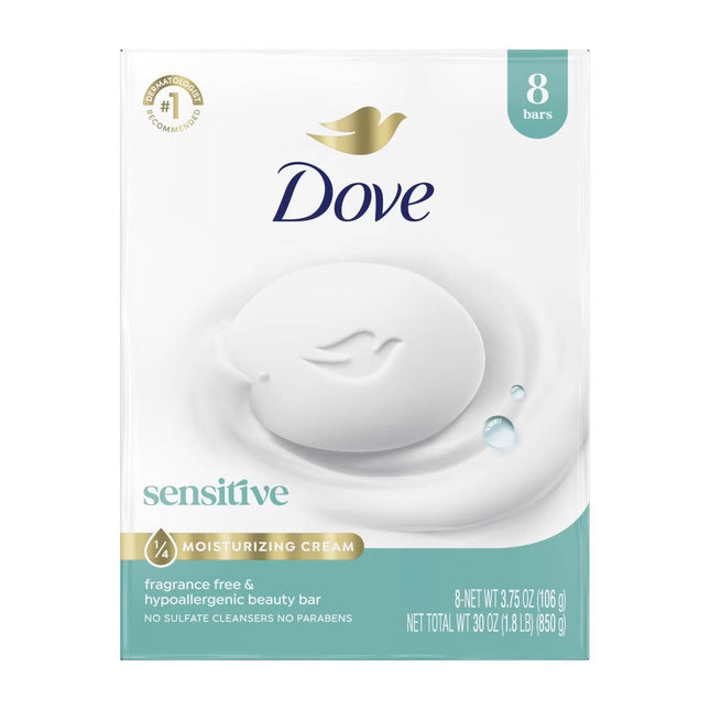 Dove Sensitive Skin Beauty Bars packaged in 8-bar value packs