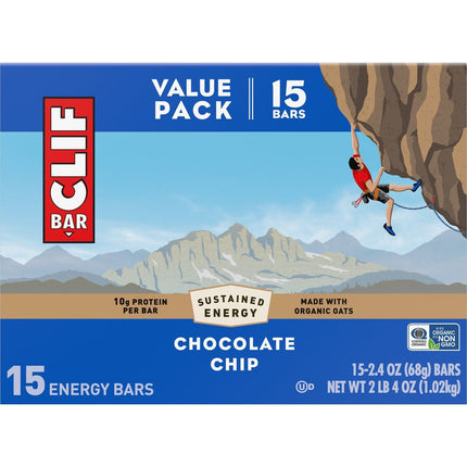 Clif Bar Chocolate Chip Energy Bars Value Pack featuring 15 individual 2.4 oz plant-based bars made with organic oats (Mar 09, 2027)