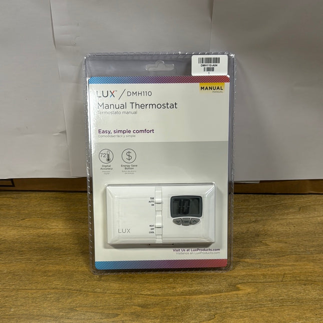 “LUX DMH110 Manual Thermostat in packaging, featuring easy, simple comfort with digital accuracy and an energy-saving button.