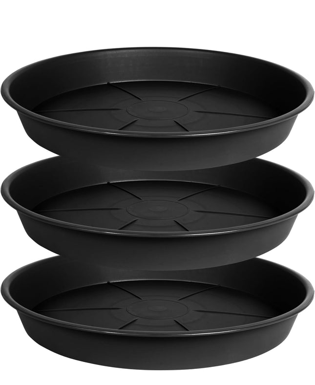 “3 Pack of 16-inch black plastic plant saucer trays, heavy-duty pot drip trays for indoor and outdoor use”