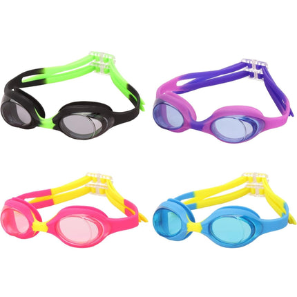 4 Pack Kids Swimming Goggles with anti-fog, no-leak design, and UV protection, available in blue, black, red, and purple”

