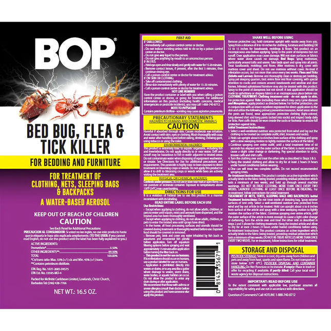 BOP Bed Bug, Flea and Tick Killer, 16.5 oz, Easy to Use Pest Control Spray