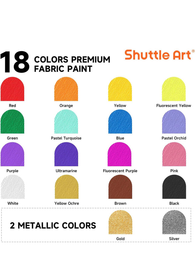 Shuttle Art Fabric Paint 18 Colors Permanent Soft Fabric Paint Set (60ml/2oz) with Brushes, Palette, Stencils, Open Box