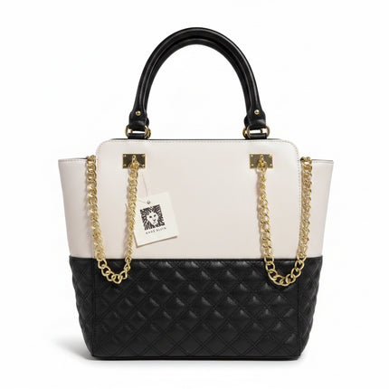 Anne Klein Two-Tone Quilted Satchel Handbag Cream & Black Gold Chain Accent