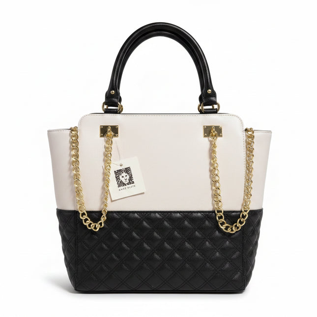 Anne Klein Two-Tone Quilted Satchel Handbag Cream & Black Gold Chain Accent