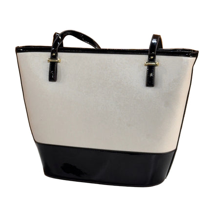 Anne Klein Perfect Pairs Large Tote Bag White Canvas Black Patent Shoulder Purse