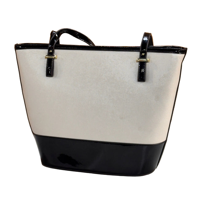 Anne Klein Perfect Pairs Large Tote Bag White Canvas Black Patent Shoulder Purse