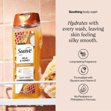 Suave Milk & Honey Moisturizing Body Wash with Glycerin & Vitamin E, 18 FL OZ