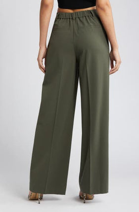 Open Edit Relaxed Waist Wide-Leg Trousers in Green City, Size S - New